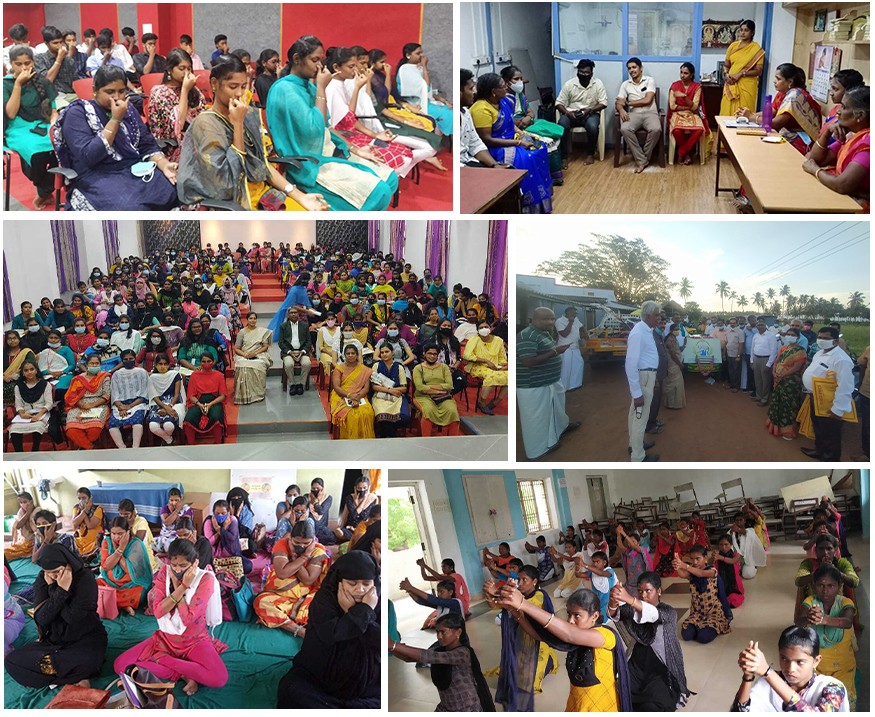 Collage of community activities, including discussions, training, and gatherings